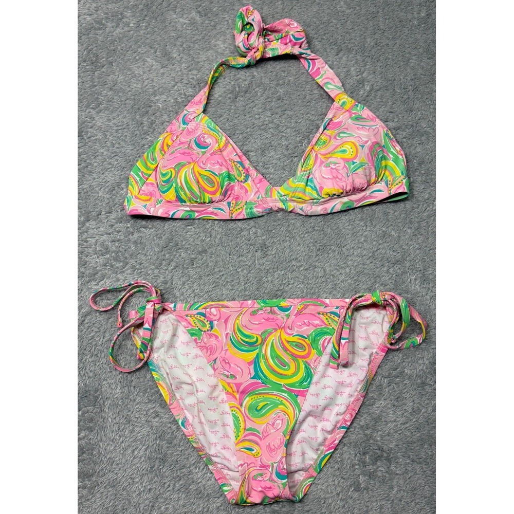 Lilly Pulitzer Bikini Set Womens M Pink Paisley Halter Get Trunky Flamingos 2pc